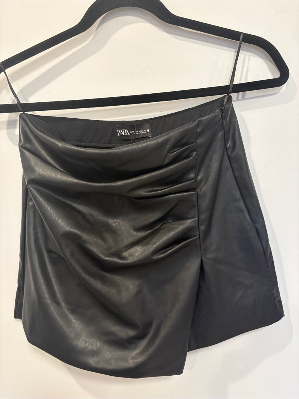 ZARA Black Faux-Leather Draped Mini Skort